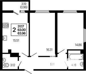 2-к квартира, строящийся дом, 64м2, 7/21 этаж