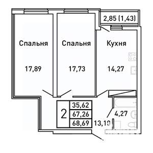 2-к квартира, вторичка, 69м2, 15/25 этаж