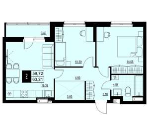 2-к квартира, вторичка, 61м2, 1/18 этаж