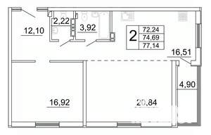 2-к квартира, строящийся дом, 77м2, 8/27 этаж