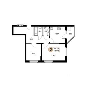 2-к квартира, строящийся дом, 56м2, 18/26 этаж