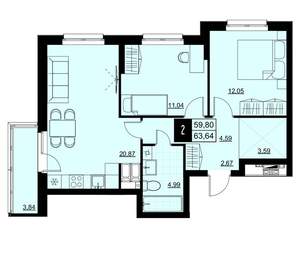 2-к квартира, вторичка, 62м2, 10/18 этаж