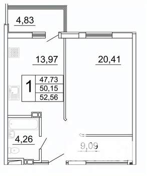 1-к квартира, строящийся дом, 52м2, 16/27 этаж