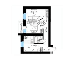 2-к квартира, вторичка, 58м2, 4/18 этаж