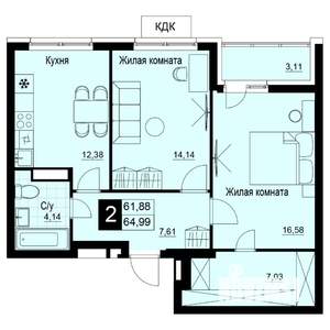 2-к квартира, вторичка, 64м2, 7/19 этаж