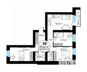 3-к квартира, вторичка, 83м2, 12/18 этаж