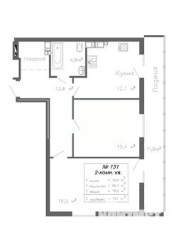 2-к квартира, строящийся дом, 72м2, 19/20 этаж