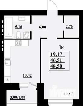 1-к квартира, строящийся дом, 49м2, 4/8 этаж