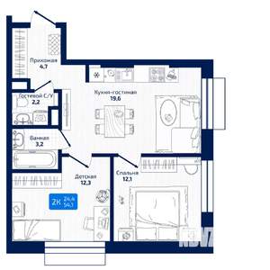 2-к квартира, вторичка, 54м2, 5/19 этаж