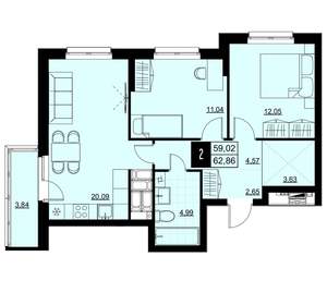 2-к квартира, вторичка, 61м2, 15/18 этаж