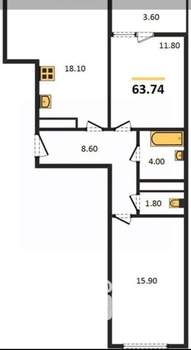 2-к квартира, вторичка, 64м2, 2/19 этаж