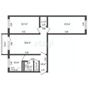 3-к квартира, вторичка, 58м2, 5/5 этаж