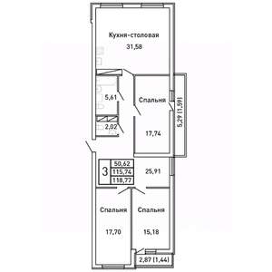 3-к квартира, вторичка, 119м2, 18/25 этаж