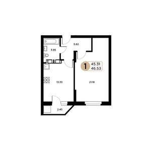 1-к квартира, строящийся дом, 45м2, 19/26 этаж