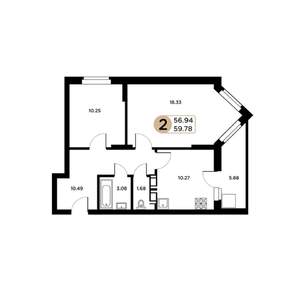 2-к квартира, строящийся дом, 57м2, 21/26 этаж