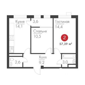 2-к квартира, строящийся дом, 57м2, 2/19 этаж