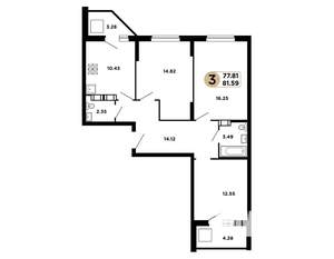 3-к квартира, строящийся дом, 80м2, 25/25 этаж