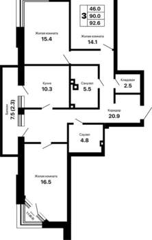 3-к квартира, вторичка, 93м2, 7/16 этаж