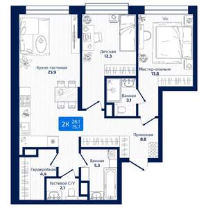 2-к квартира, вторичка, 76м2, 2/19 этаж