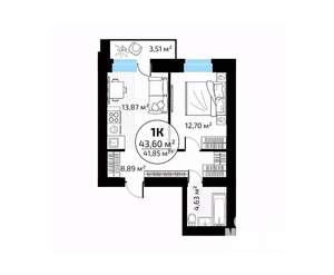 1-к квартира, вторичка, 44м2, 16/18 этаж