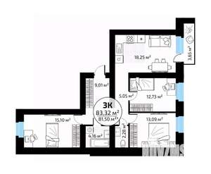 3-к квартира, вторичка, 83м2, 4/18 этаж