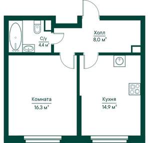 1-к квартира, строящийся дом, 44м2, 2/29 этаж
