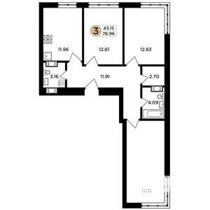 3-к квартира, строящийся дом, 77м2, 2/24 этаж