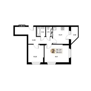 2-к квартира, строящийся дом, 56м2, 2/26 этаж