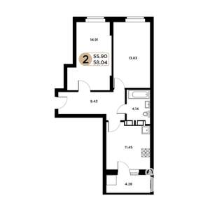 2-к квартира, строящийся дом, 56м2, 23/26 этаж