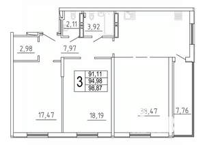 3-к квартира, строящийся дом, 99м2, 17/28 этаж