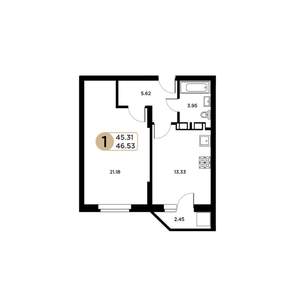 1-к квартира, строящийся дом, 45м2, 19/26 этаж