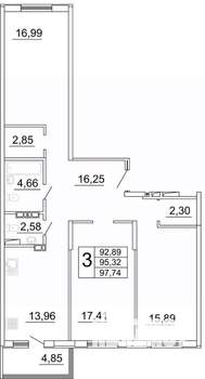 3-к квартира, строящийся дом, 98м2, 22/27 этаж