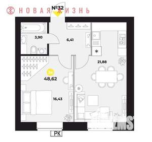 1-к квартира, строящийся дом, 48м2, 16/16 этаж