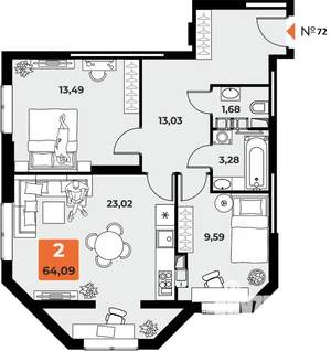2-к квартира, вторичка, 64м2, 9/23 этаж