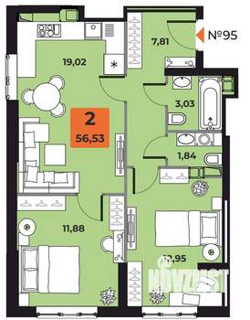 2-к квартира, вторичка, 57м2, 17/23 этаж