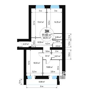 3-к квартира, вторичка, 93м2, 4/16 этаж