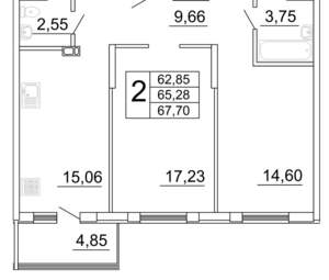 2-к квартира, строящийся дом, 68м2, 15/26 этаж