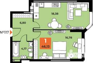 1-к квартира, вторичка, 46м2, 13/23 этаж