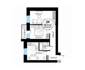 2-к квартира, вторичка, 58м2, 11/18 этаж