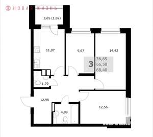 3-к квартира, вторичка, 68м2, 2/25 этаж