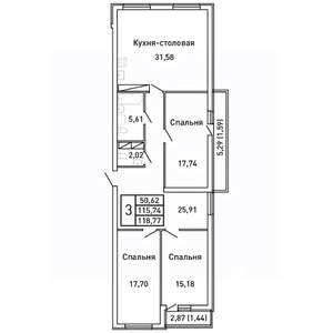3-к квартира, вторичка, 119м2, 3/25 этаж