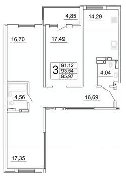 3-к квартира, строящийся дом, 96м2, 7/27 этаж