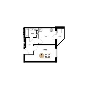 1-к квартира, строящийся дом, 35м2, 24/26 этаж