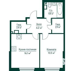 2-к квартира, строящийся дом, 46м2, 12/29 этаж