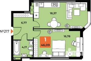 1-к квартира, вторичка, 46м2, 23/23 этаж