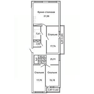 3-к квартира, вторичка, 119м2, 14/25 этаж