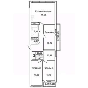 3-к квартира, вторичка, 119м2, 13/25 этаж