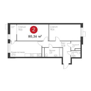 2-к квартира, строящийся дом, 80м2, 2/9 этаж