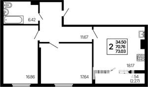 2-к квартира, строящийся дом, 73м2, 14/21 этаж