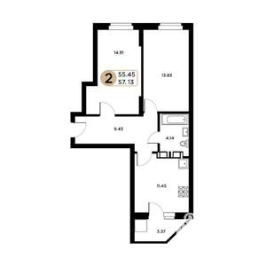 2-к квартира, строящийся дом, 55м2, 16/26 этаж